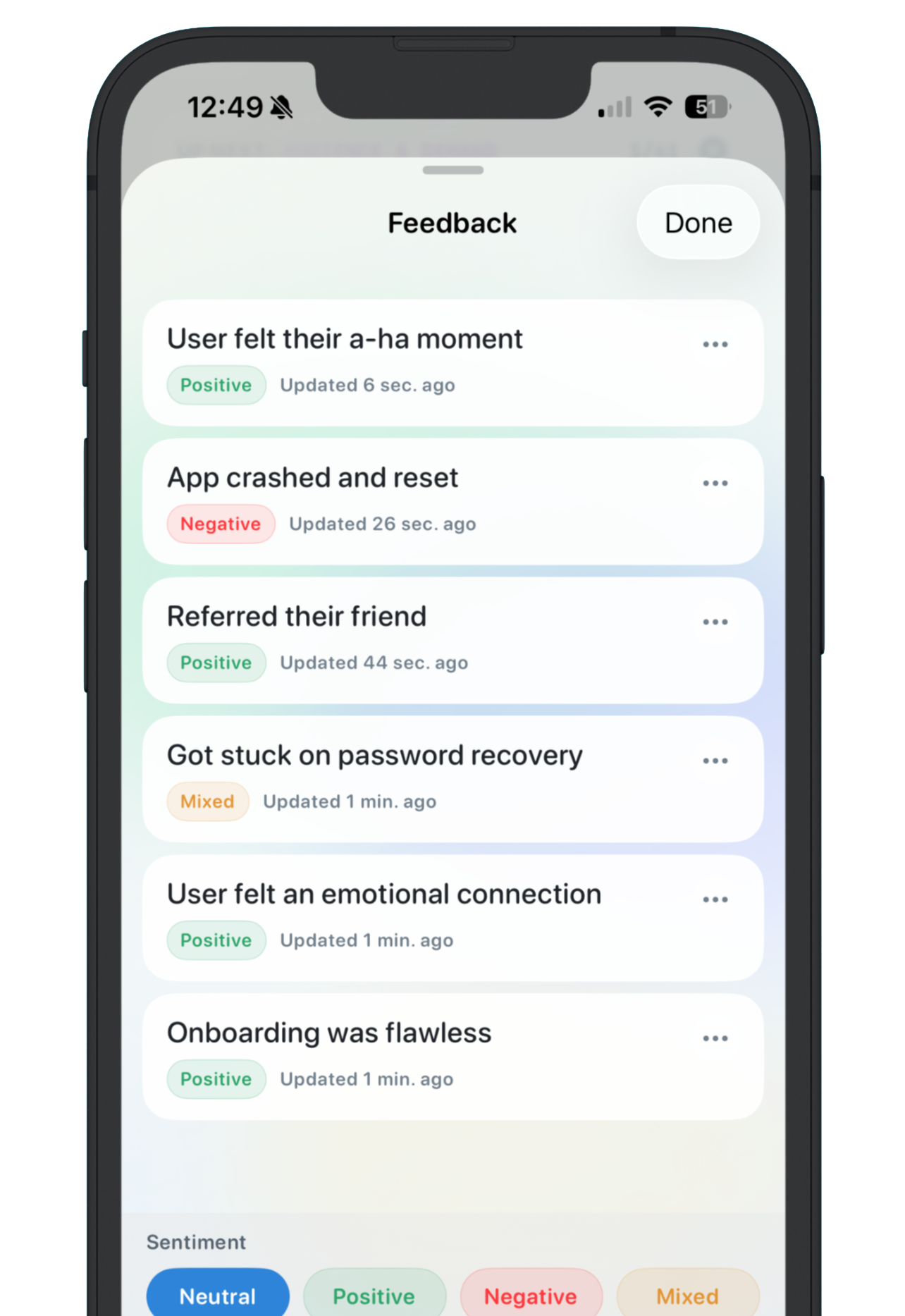 NextApp feedback module showing user feedback stored for an app workspace