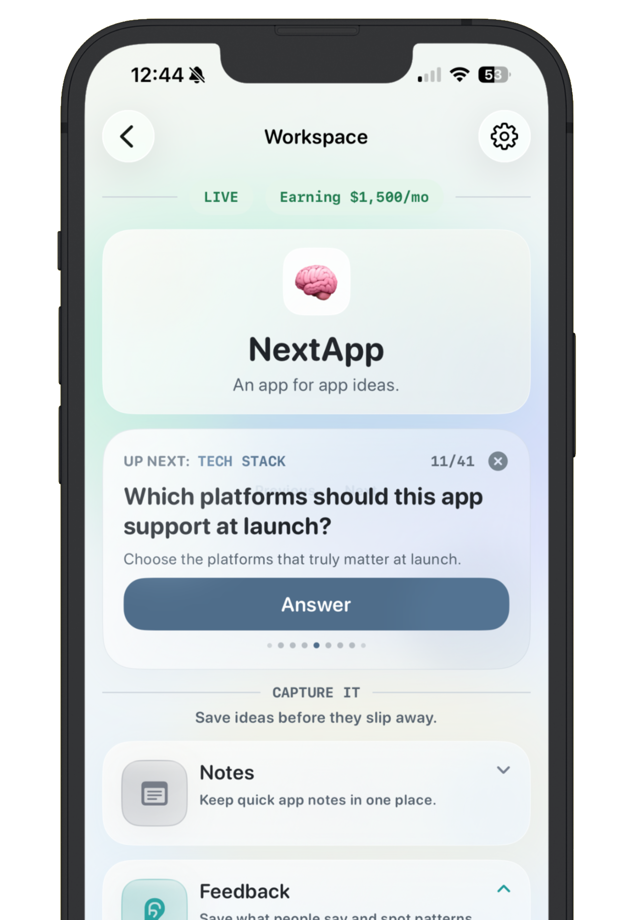 NextApp idea library showing app ideas saved as separate workspaces for a solo developer