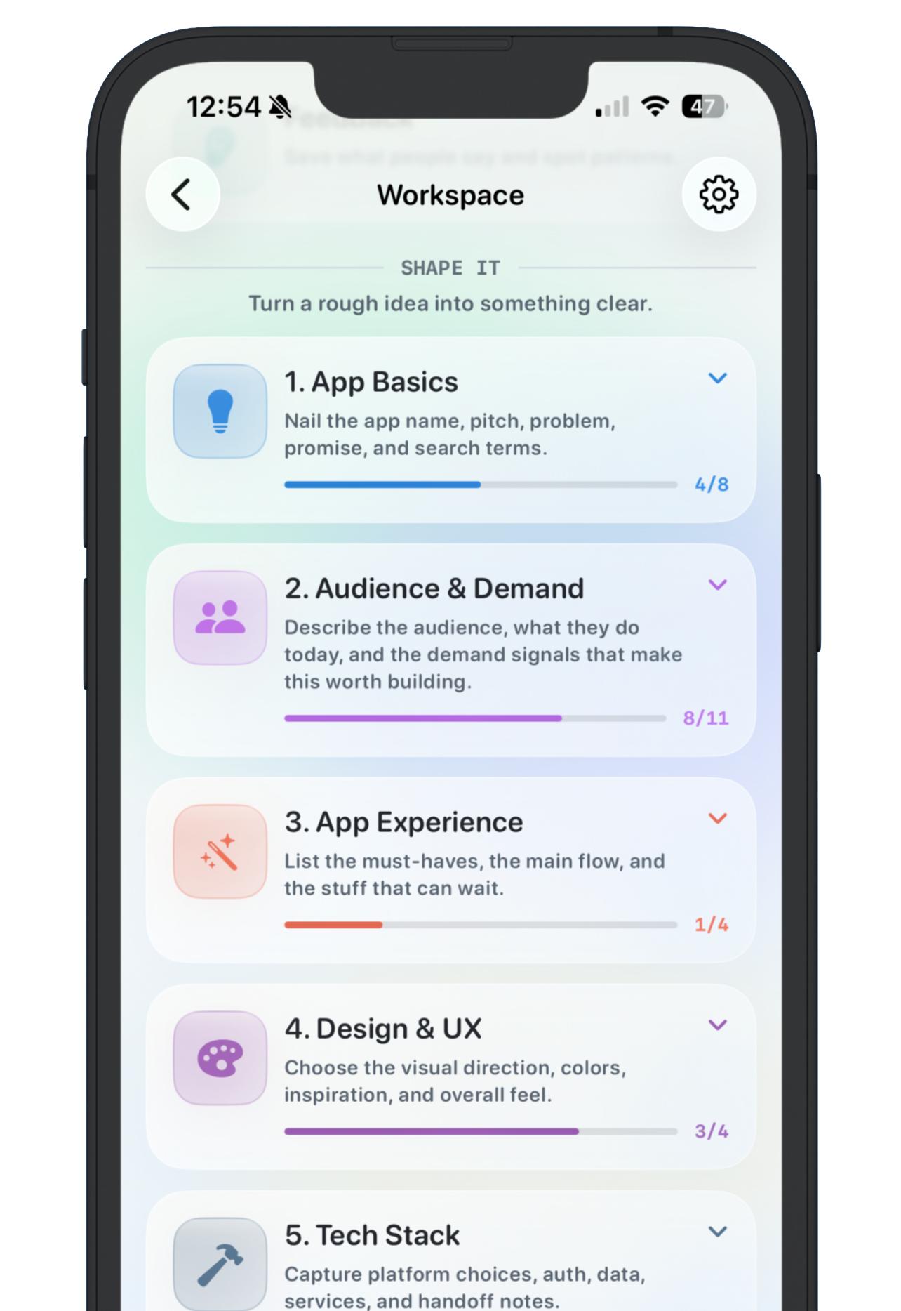 NextApp planning screen for shaping a micro SaaS idea with goals and notes