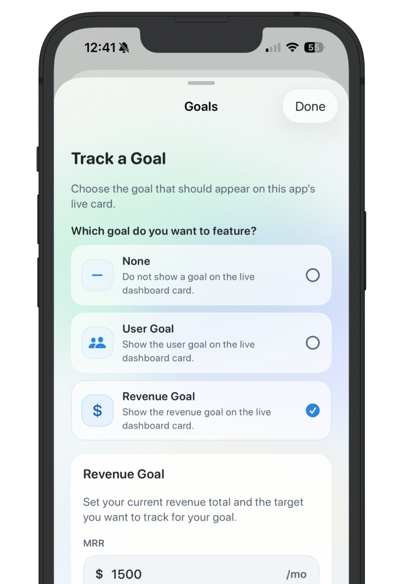 NextApp revenue goal interface for setting a SaaS app MRR target