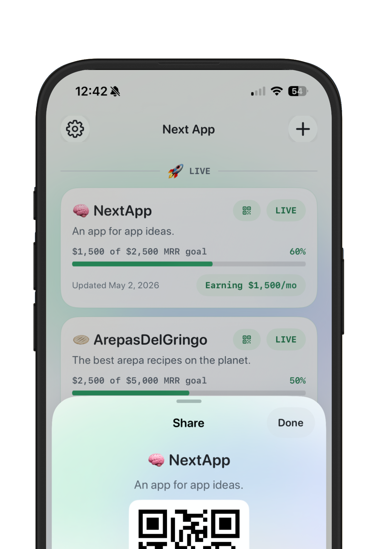 NextApp share interface for a public app launch page and QR code
