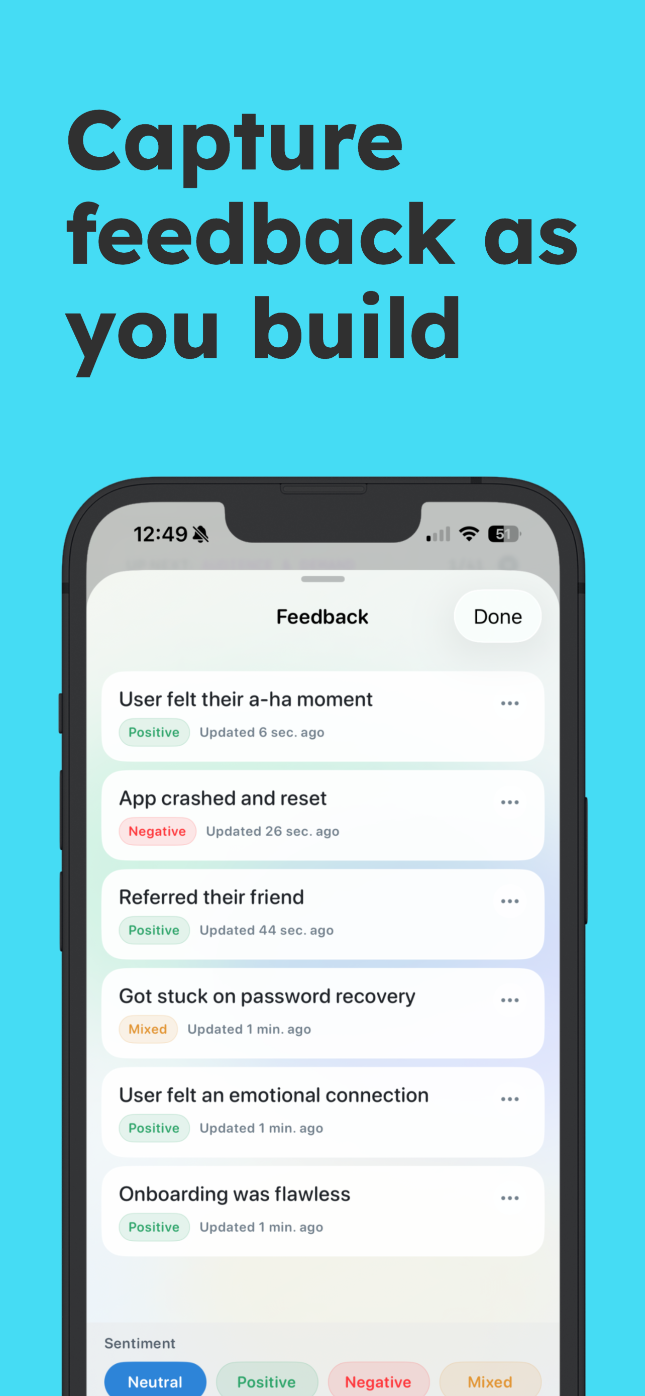 NextApp feedback screen showing validation notes captured for an app idea