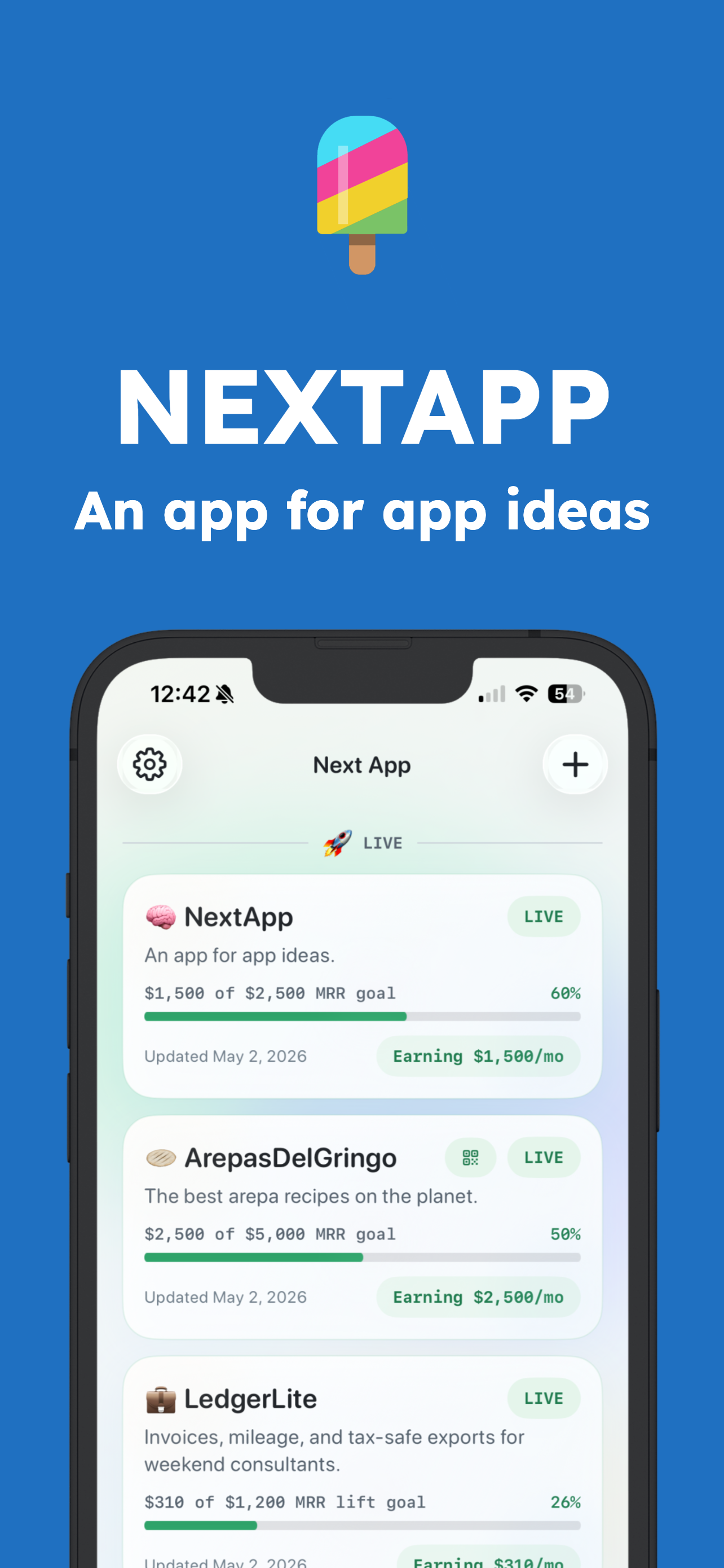 NextApp public maker page with live app cards and MRR revenue pills