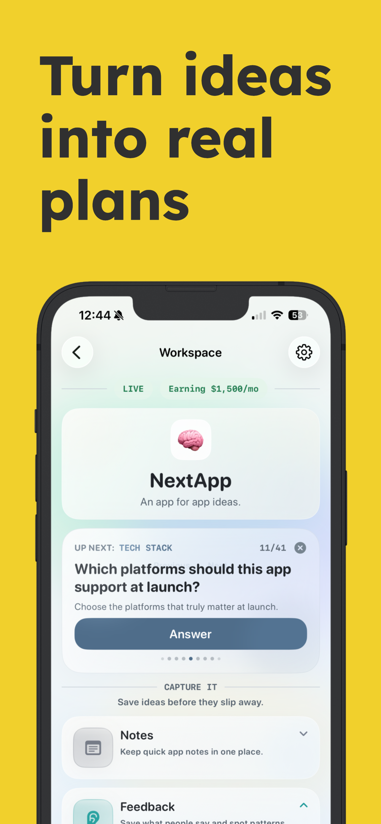 NextApp plan screen for prioritizing app scope before the first version