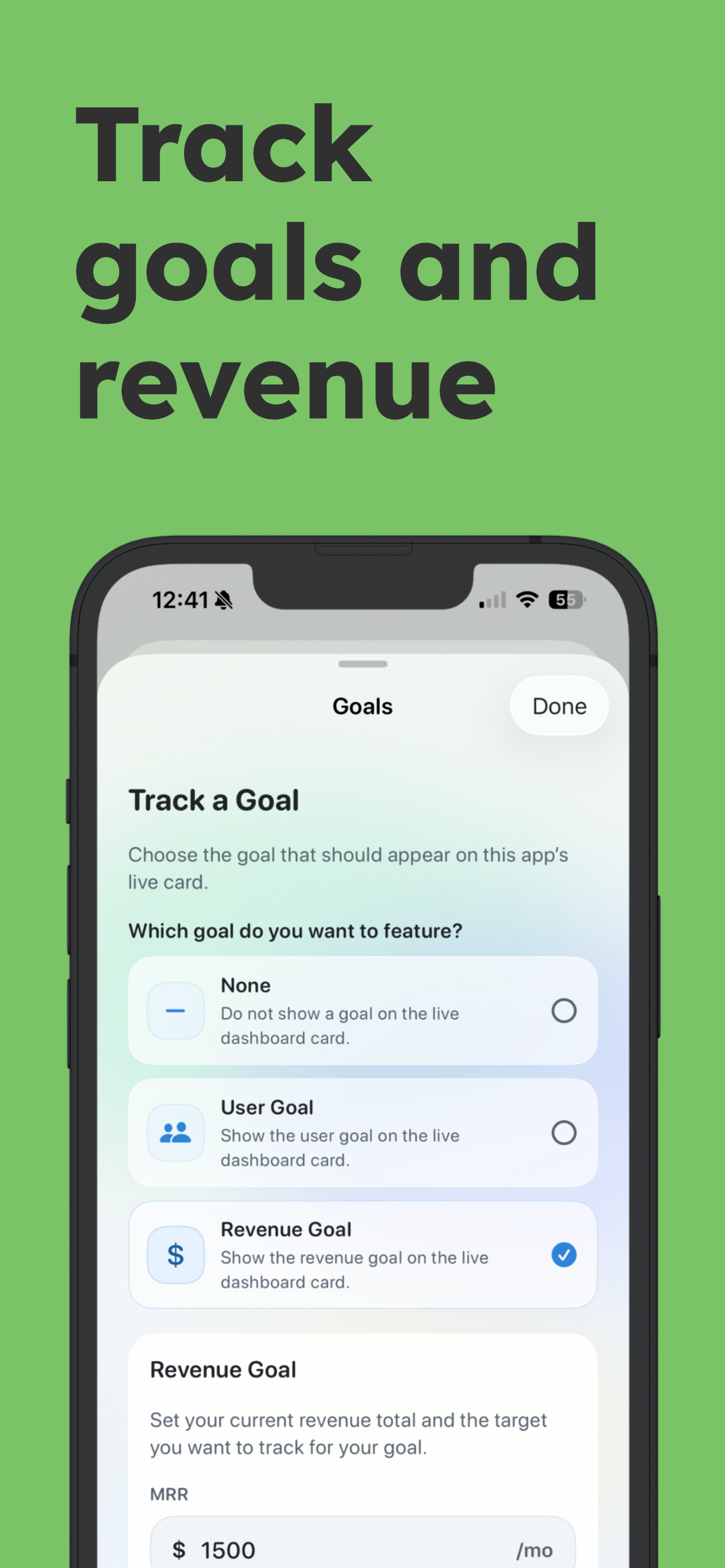 NextApp MRR progress module displayed beside app goal context